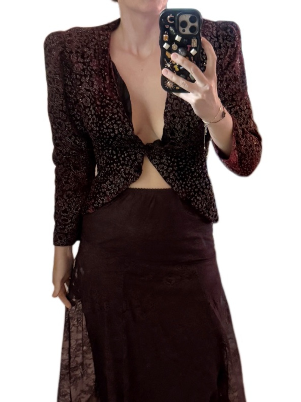 Vintage Dark Burgundy Brocade sequin sparkly tuxedo Cropped front blazer Jacket